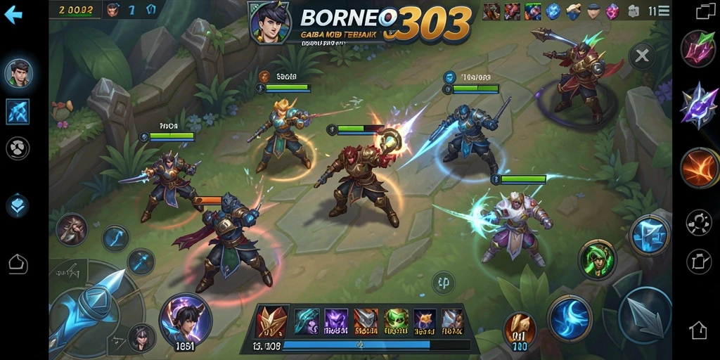 Screenshot gameplay BORNEO303 yang menunjukkan pertempuran seru antar hero.