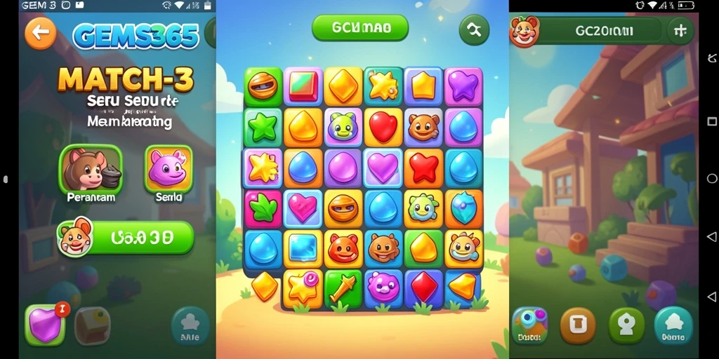 Tampilan gameplay seru GEMS365 dengan permata berwarna-warni.