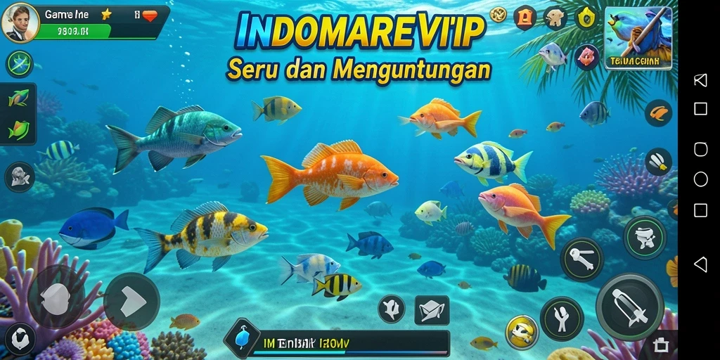 Screenshot gameplay <strong>INDOMAREVIP</strong> menampilkan aksi menembak ikan yang seru dan mendebarkan.