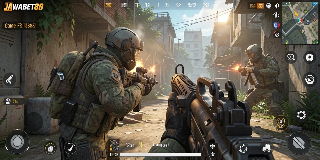 Tampilan aksi intens dalam game FPS JAWABET88.