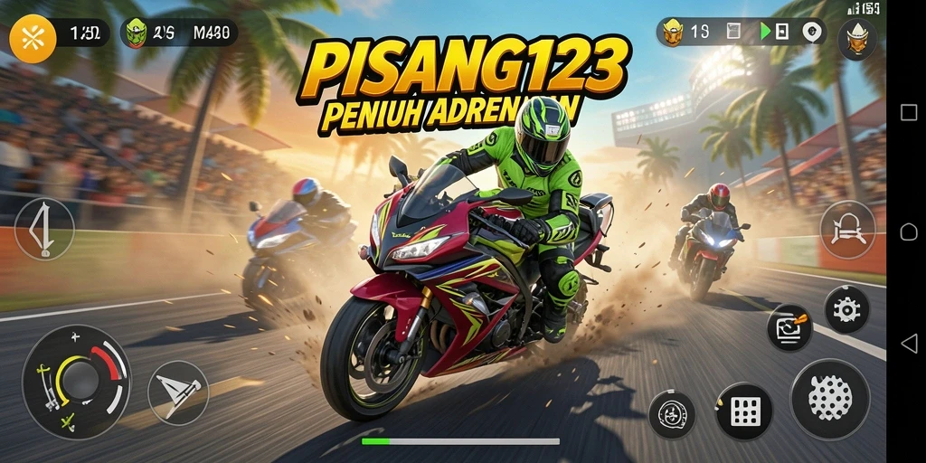 Screenshot gameplay PISANG123 menunjukkan balapan motor yang intens.