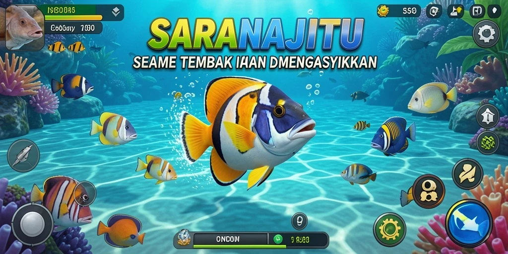 Screenshot menunjukkan aksi seru menembak ikan di SARANAJITU.