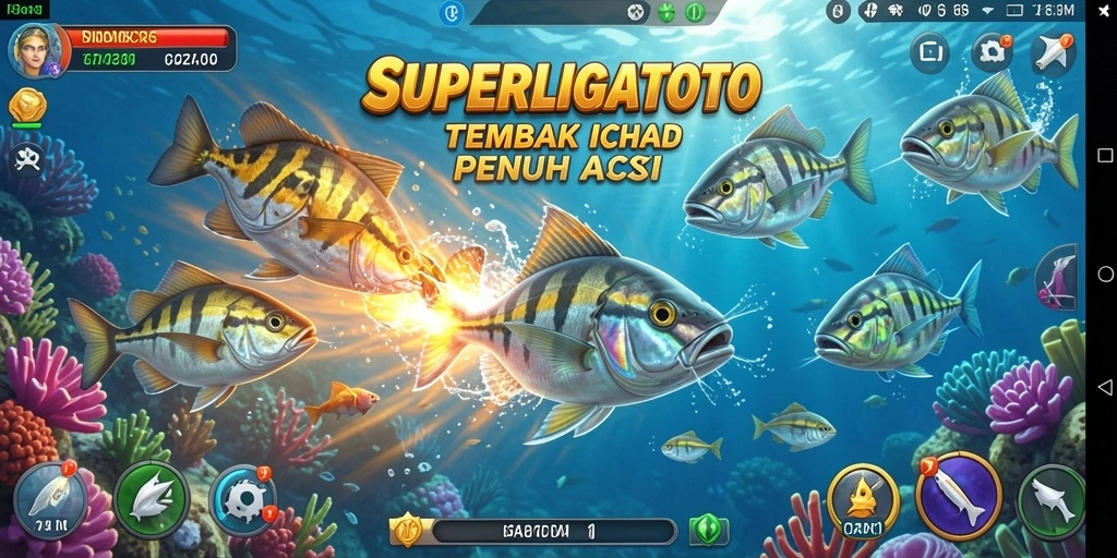 Tampilan gameplay <strong>SUPERLIGATOTO</strong> dengan aksi menembak ikan yang mendebarkan.